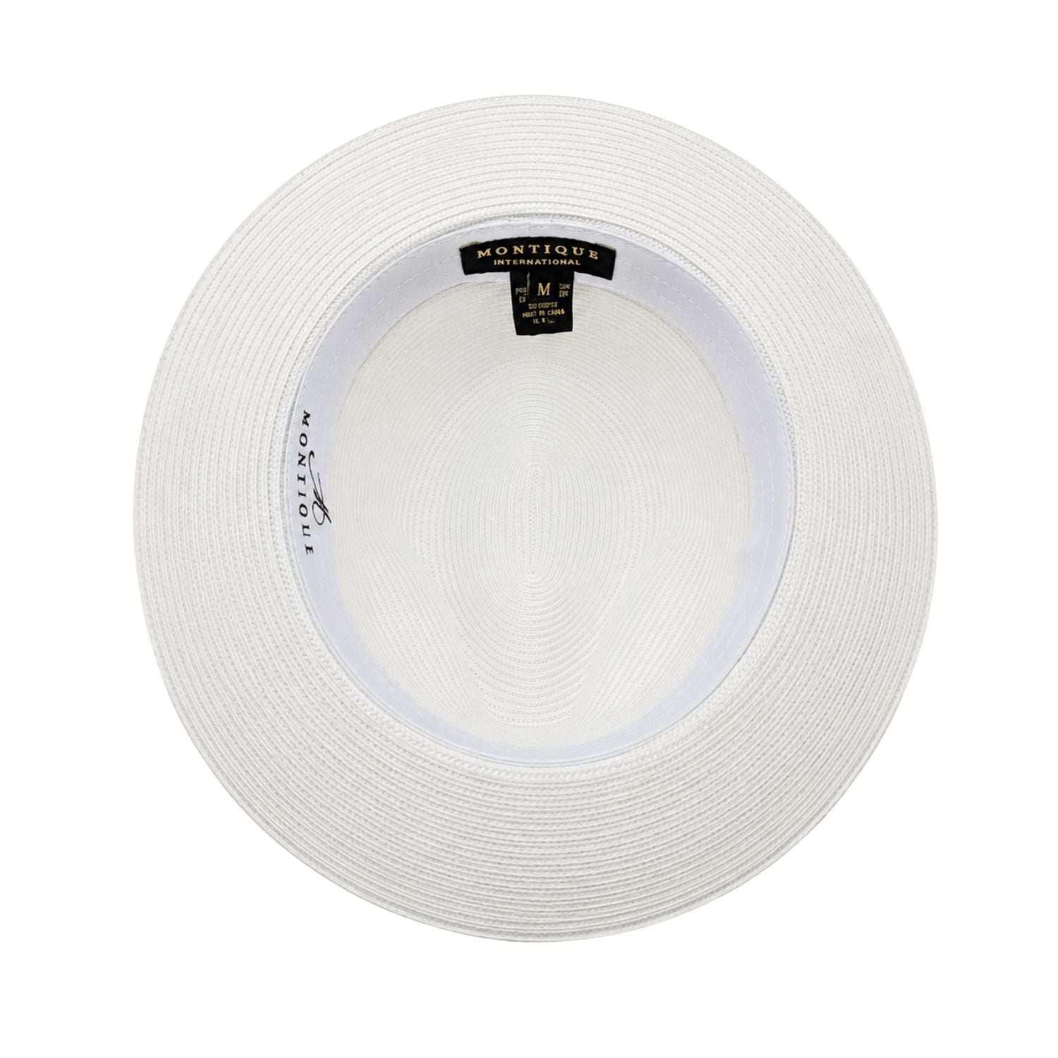 Inside view of white men’s fedora hat with woven straw texture, wide brim, and Montique label