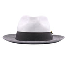Front view of white and grey men’s fedora hat with grey band, side bow, and Montique pin