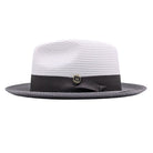 side view of white and grey men’s fedora hat with woven crown, grey brim, and solid grey band