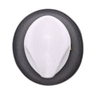 Top view of white crown men’s fedora hat with grey woven brim and clean contrast trim