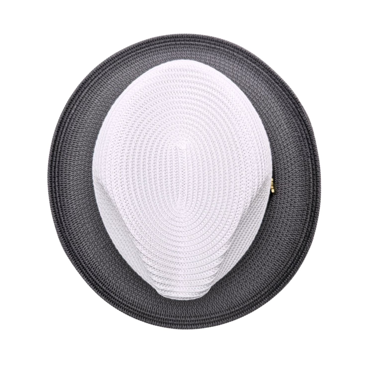 Top view of white crown men’s fedora hat with grey woven brim and clean contrast trim
