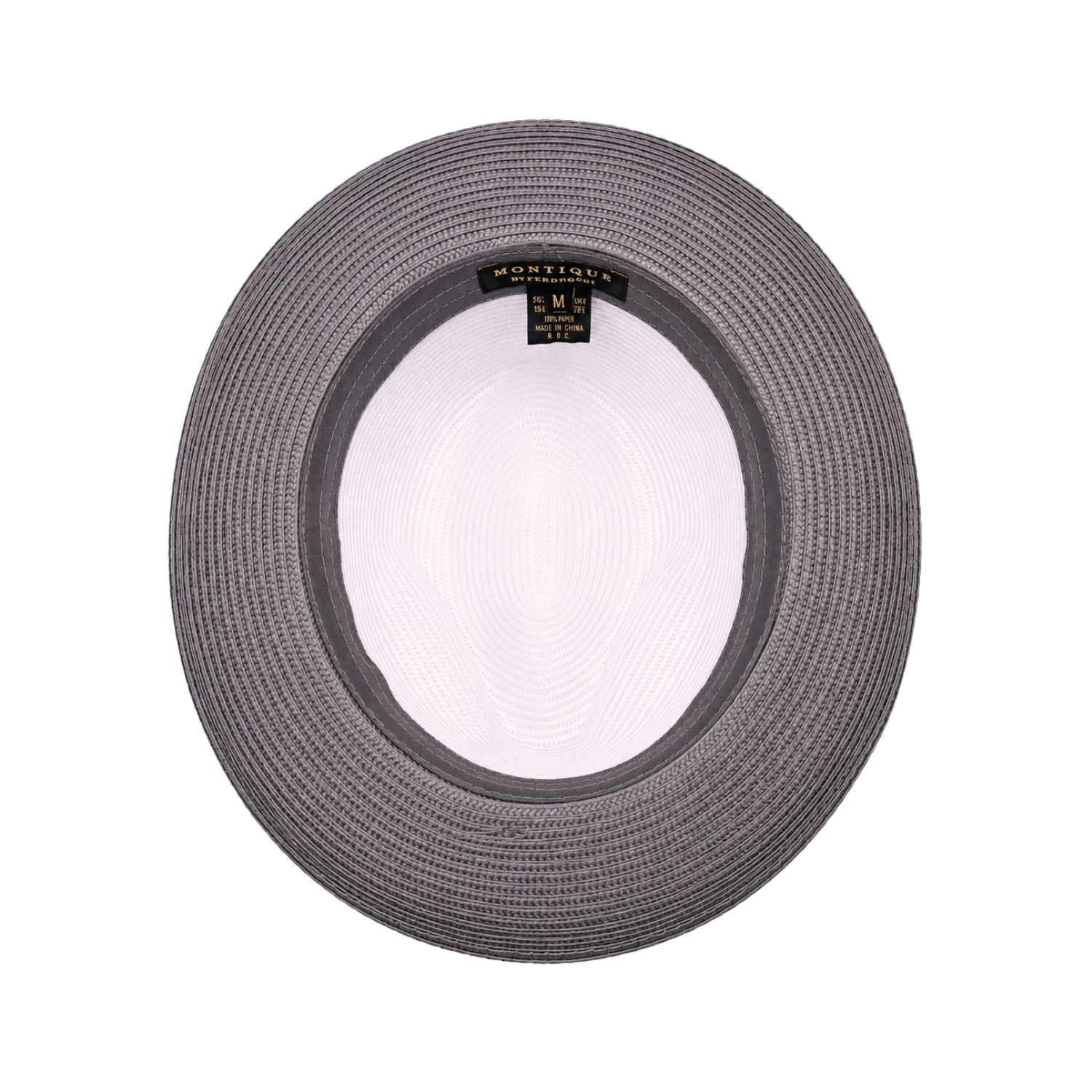Inside view of white and grey men’s fedora hat with woven straw texture, grey brim, and Montique label