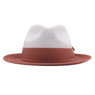 Front view of white and cognac men’s fedora hat with cognac band, side bow, and Montique badge