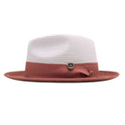 side view of white and cognac men’s fedora hat with woven crown, rust brim, and solid cognac band