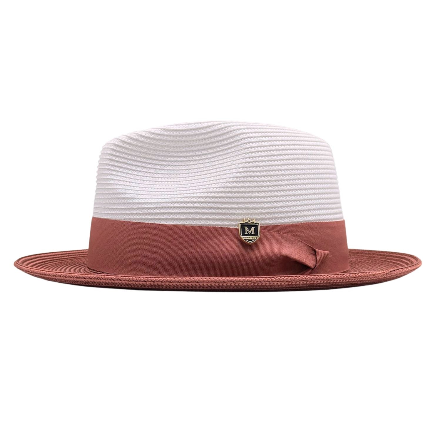 side view of white and cognac men’s fedora hat with woven crown, rust brim, and solid cognac band