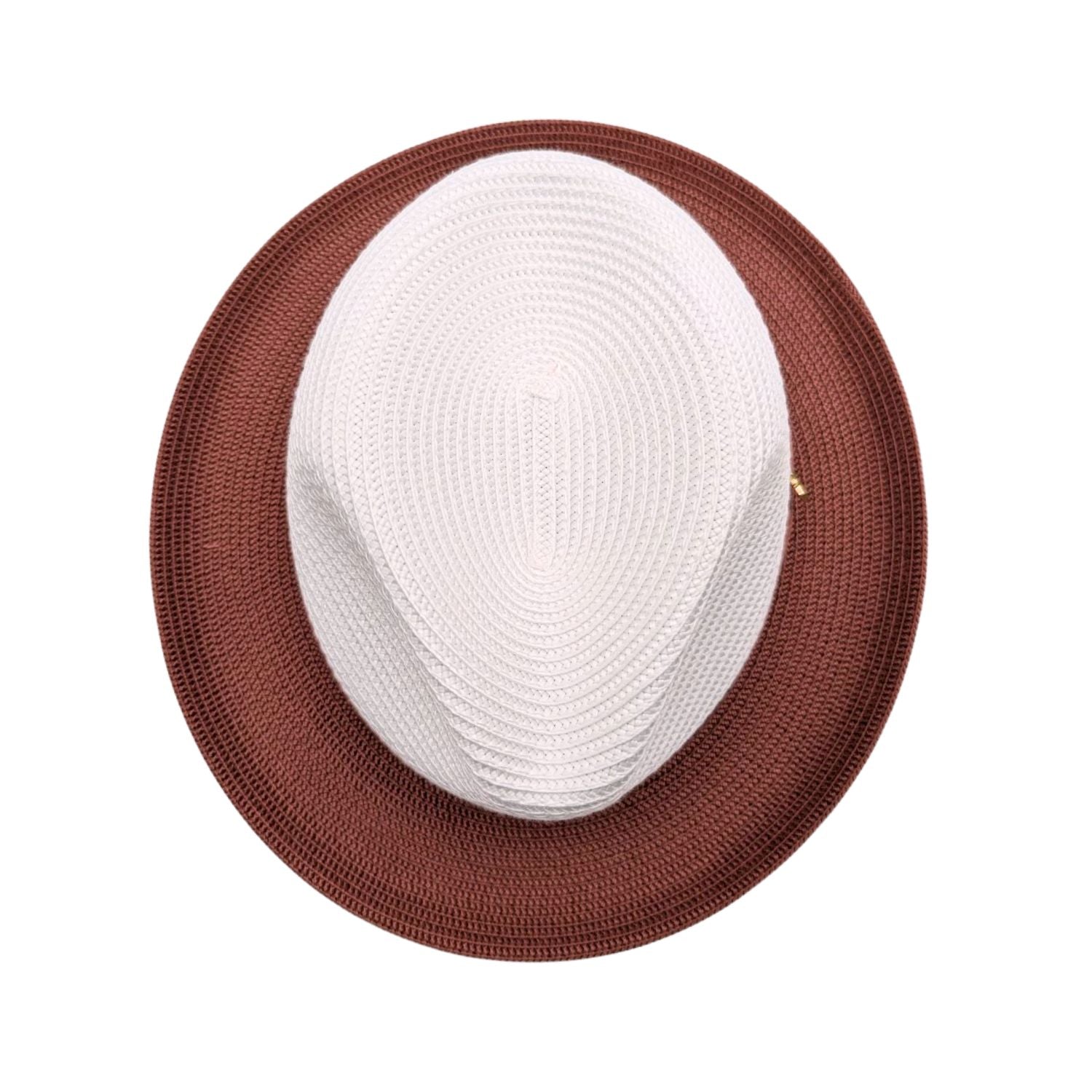 Top view of white crown men’s fedora hat with cognac woven brim and clean two-tone styling