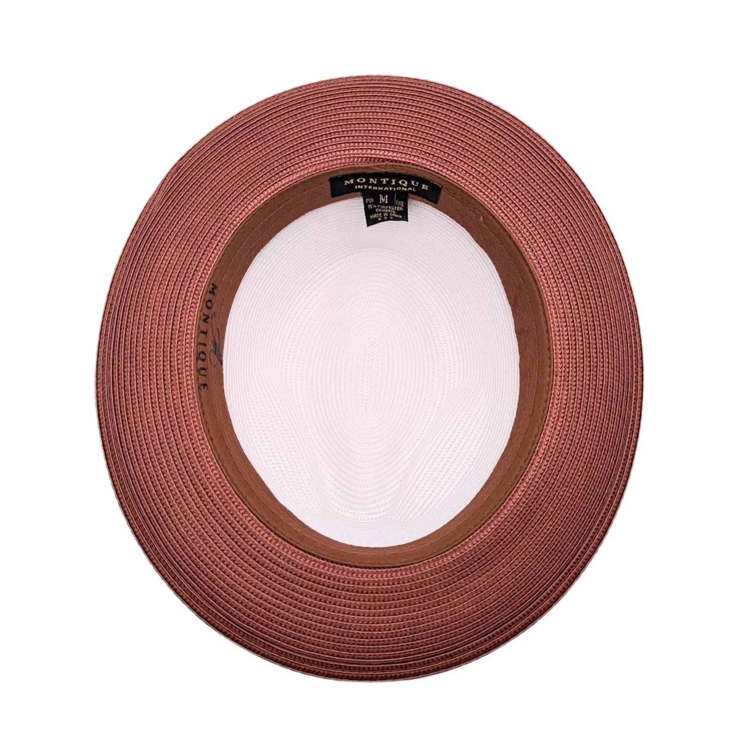 Inside view of white and cognac men’s fedora hat with contrast cognac brim and Montique interior label