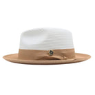 Camel and white Montique fedora hat side view with camel ribbon band, side bow, Montique pin, and wide brim