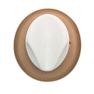 Camel and white Montique fedora hat top view showing white woven crown, camel brim, and structured straw-style texture