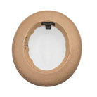 Camel and white Montique fedora hat interior view with camel woven brim, tan sweatband, white crown, and branded label