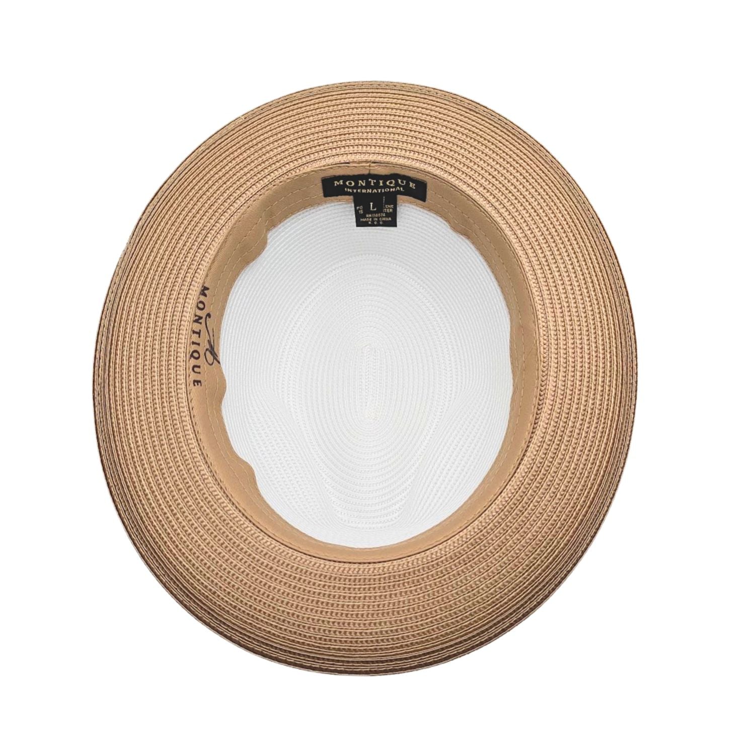 Camel and white Montique fedora hat interior view with camel woven brim, tan sweatband, white crown, and branded label