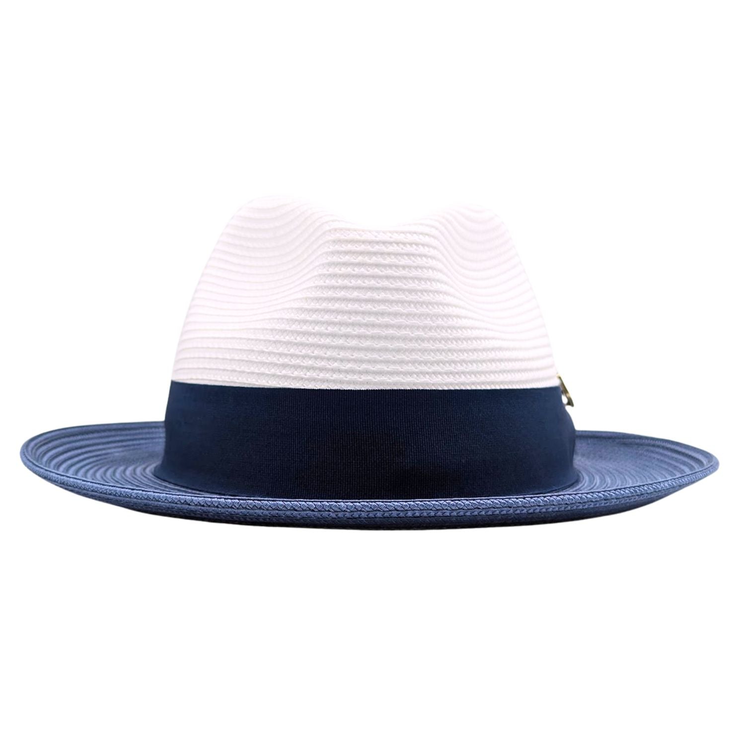 Navy and white Montique fedora hat front view with white woven crown, navy band, and matching navy brim