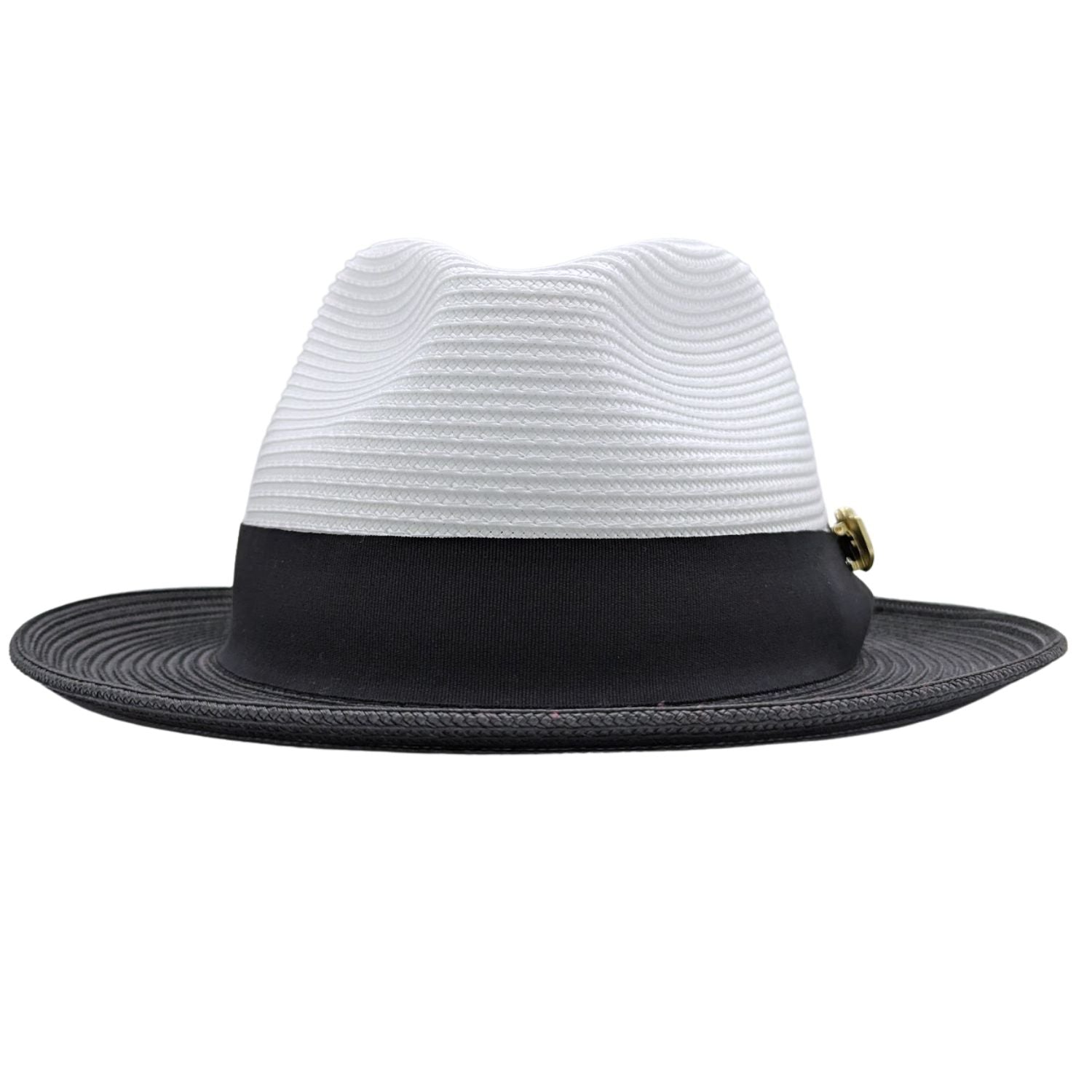 Black and white Montique fedora hat front view with white crown, black ribbon band, side bow, logo pin, and black brim