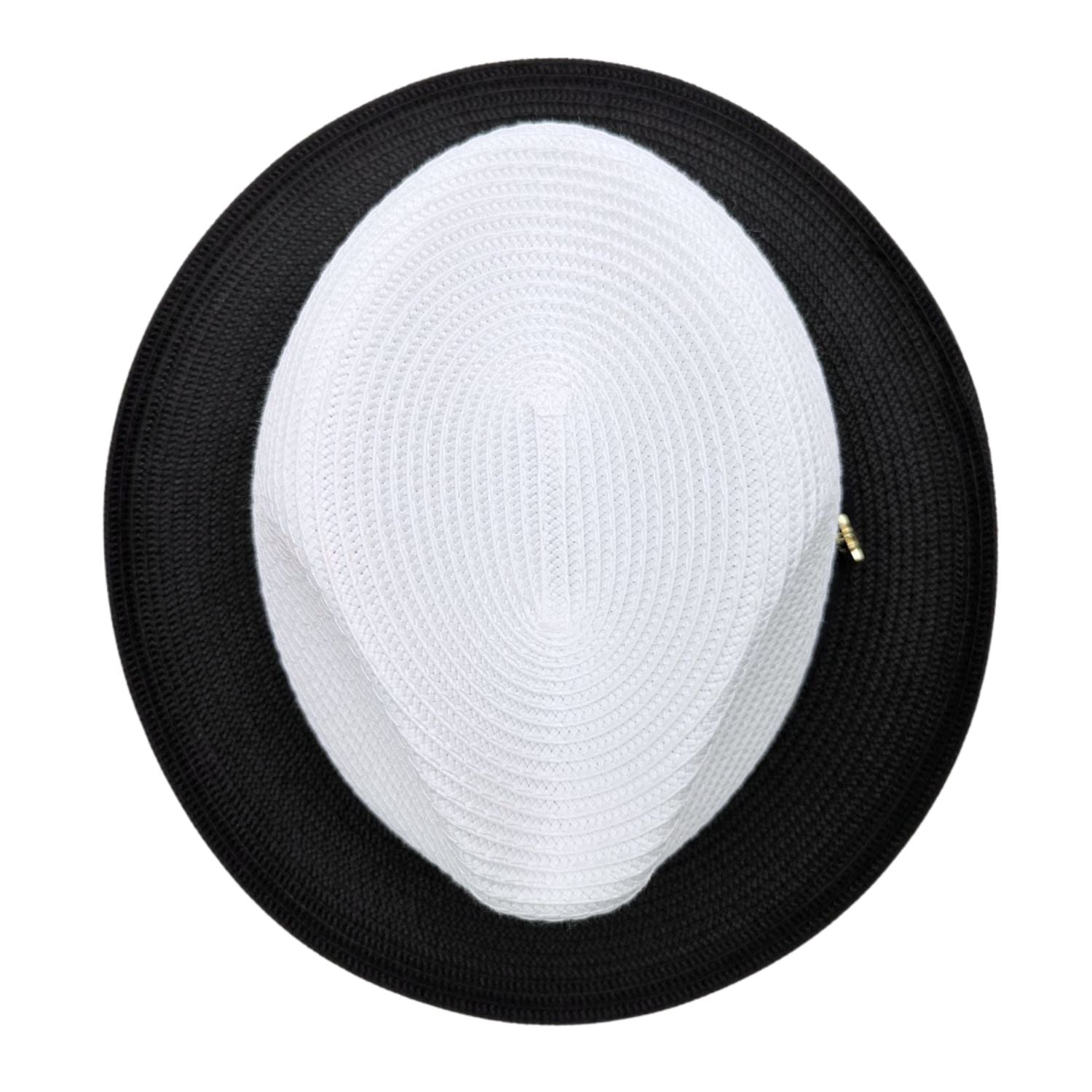 Black and white Montique fedora hat top view showing white woven crown, black wide brim, and gold side pin detail