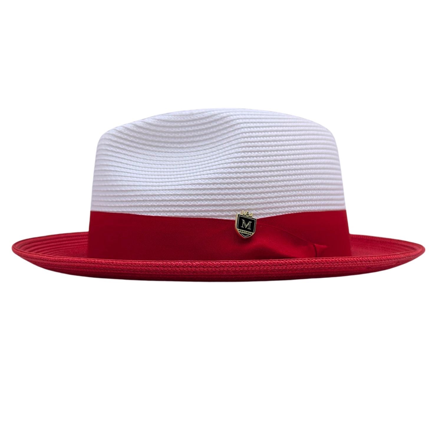 Red and white Montique fedora hat side view with red ribbon band, side bow, logo pin, and red brim