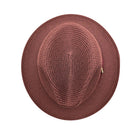 Burgundy Montique fedora hat top view with braided straw-style texture, pinch crown, and matching brim