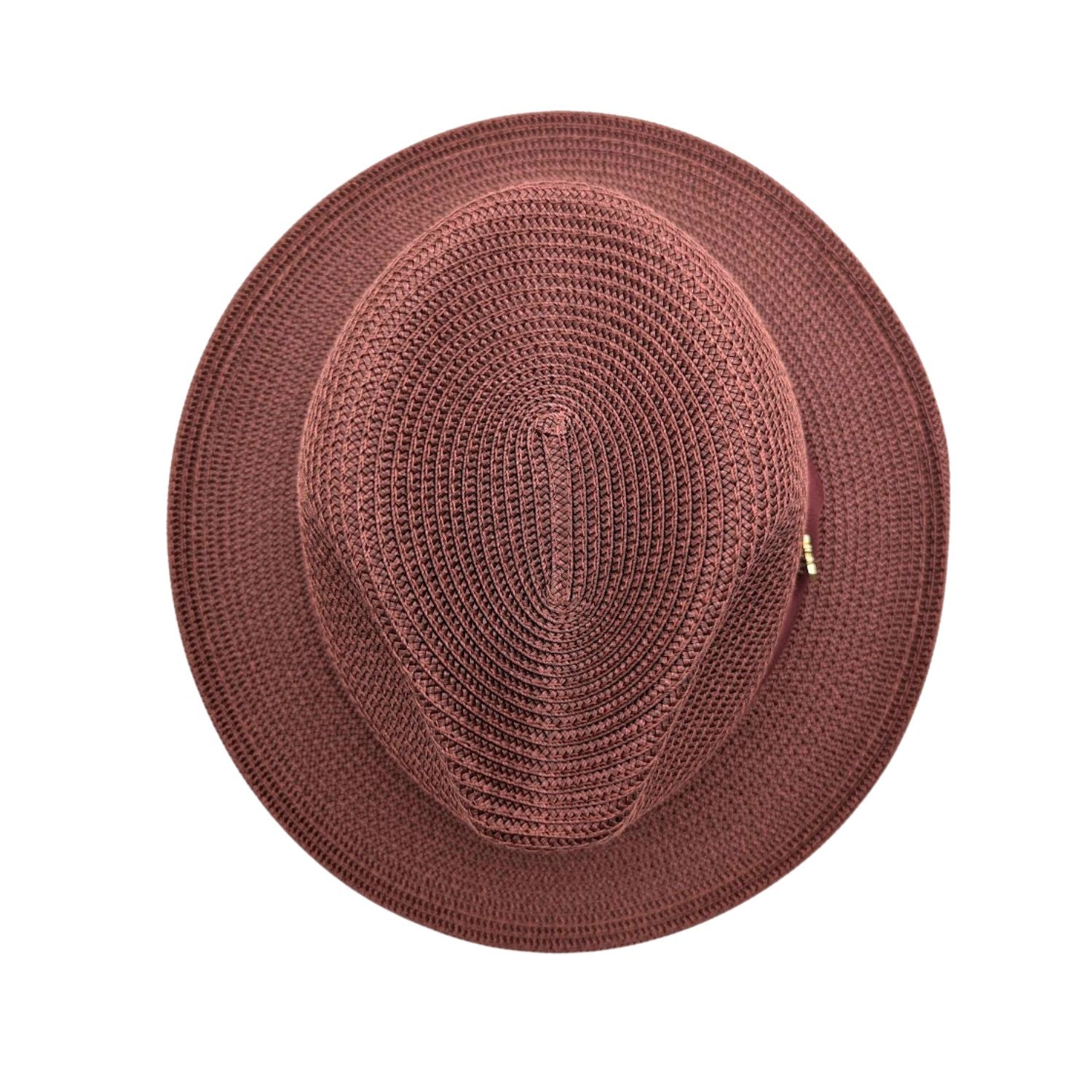 Burgundy Montique fedora hat top view with braided straw-style texture, pinch crown, and matching brim