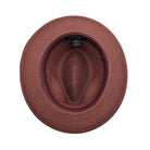 Burgundy Montique fedora hat interior view with braided crown, matching brim, and branded inner label
