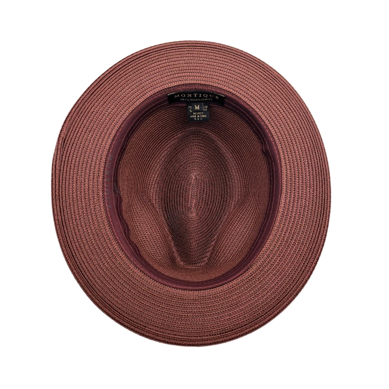 Burgundy Montique fedora hat interior view with braided crown, matching brim, and branded inner label