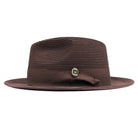 Brown Montique fedora hat side view with matching ribbon band, side bow, logo pin, and structured brim