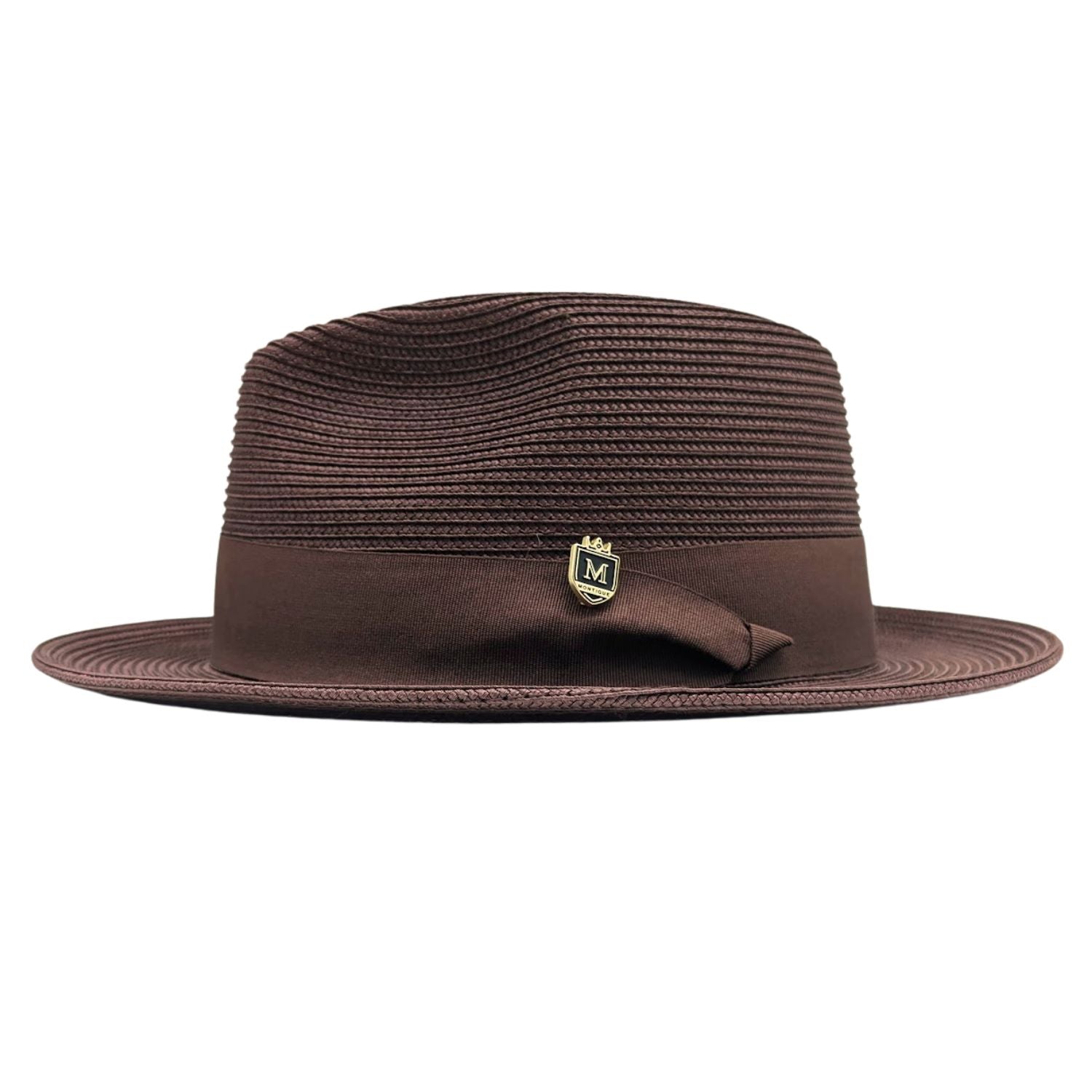 Brown Montique fedora hat side view with matching ribbon band, side bow, logo pin, and structured brim