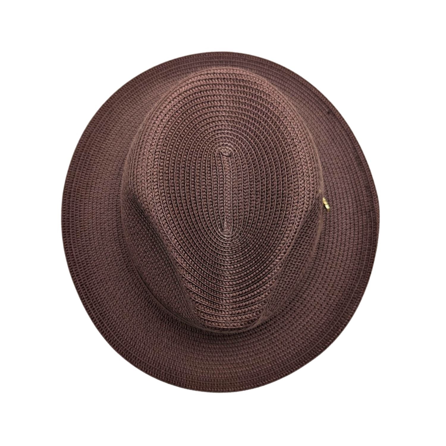 Brown Montique fedora hat top view with braided straw-style texture, pinch crown, and matching brim