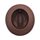 Brown Montique fedora hat interior view with braided crown, matching brim, and branded inner label