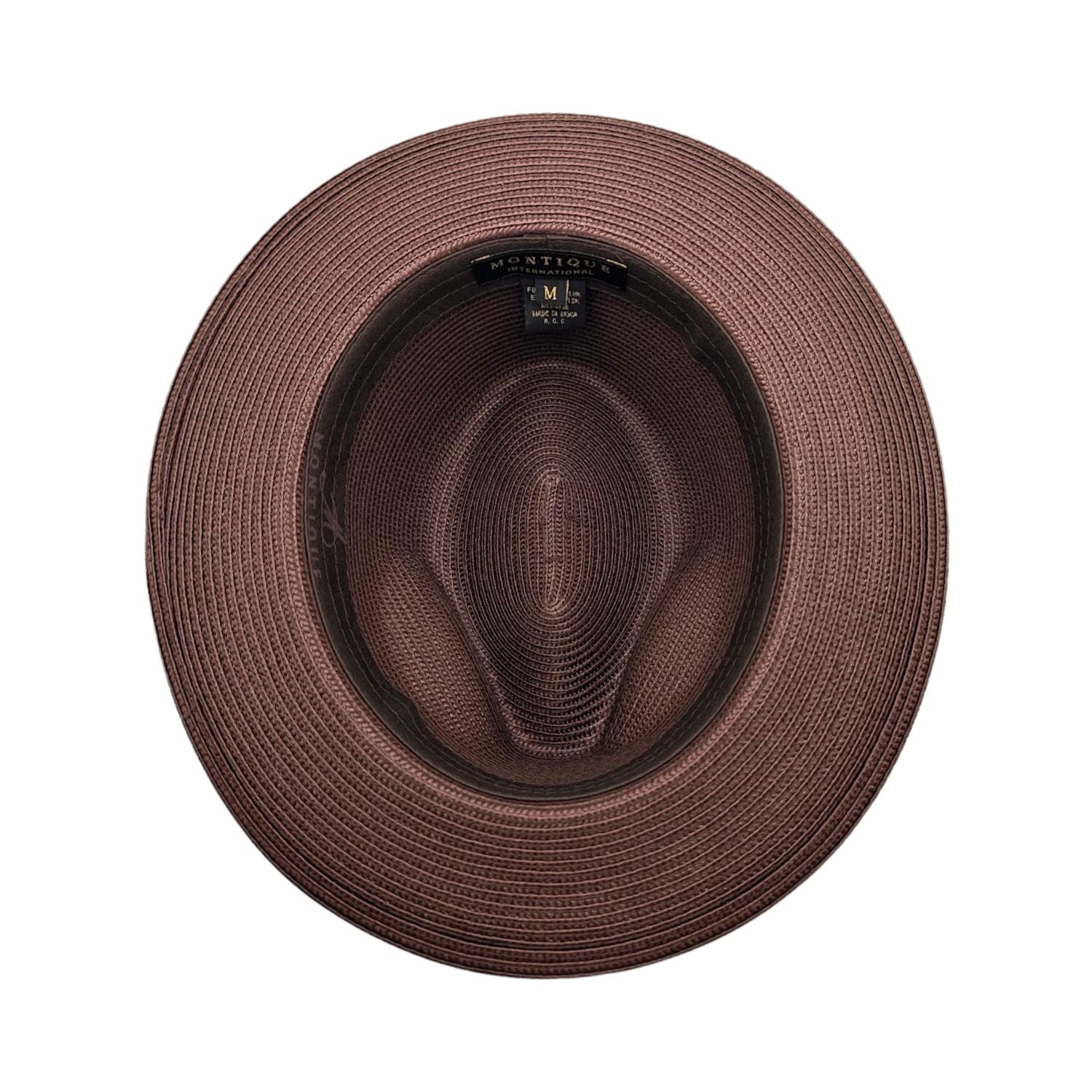 Brown Montique fedora hat interior view with braided crown, matching brim, and branded inner label