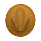 Gold Montique fedora hat top view with braided straw-style texture, pinch crown, and matching brim