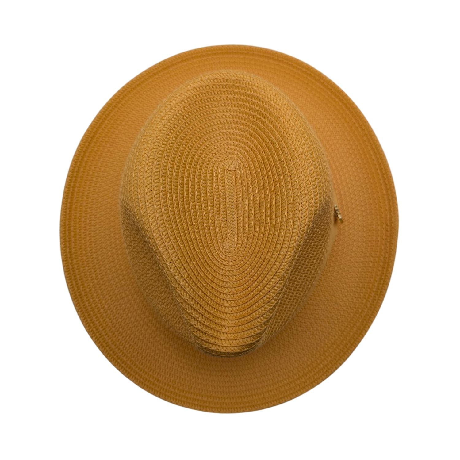 Gold Montique fedora hat top view with braided straw-style texture, pinch crown, and matching brim