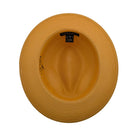 Gold Montique fedora hat interior view with braided crown, matching brim, and branded inner label