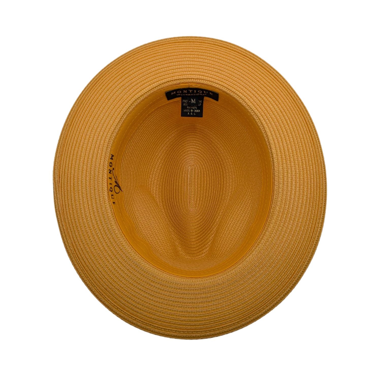 Gold Montique fedora hat interior view with braided crown, matching brim, and branded inner label