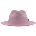 Pink Montique fedora hat back view with matching ribbon band, braided crown, and wide brim