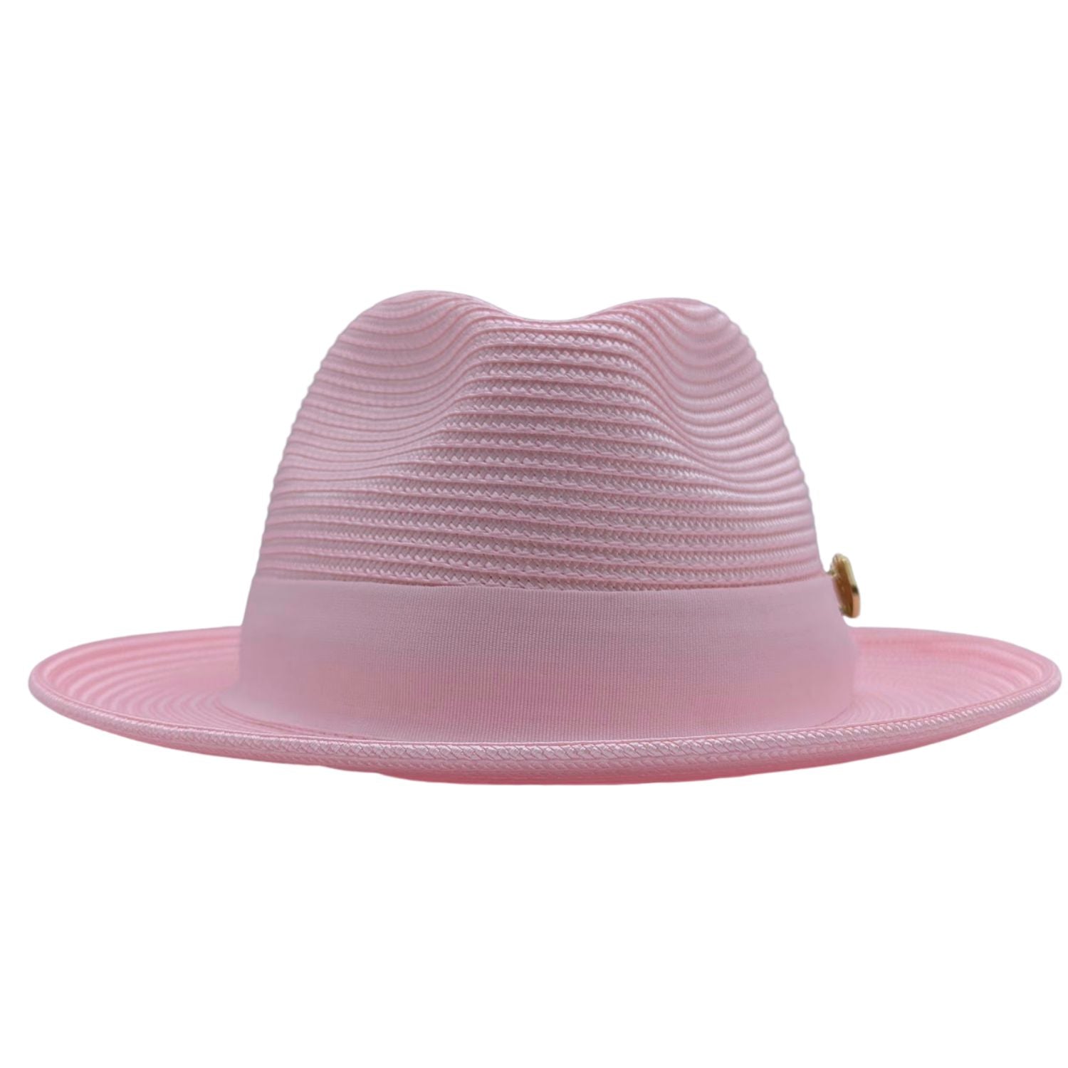 Pink Montique fedora hat back view with matching ribbon band, braided crown, and wide brim