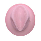 Pink Montique fedora hat top view with braided straw-style texture, pinch crown, and matching brim