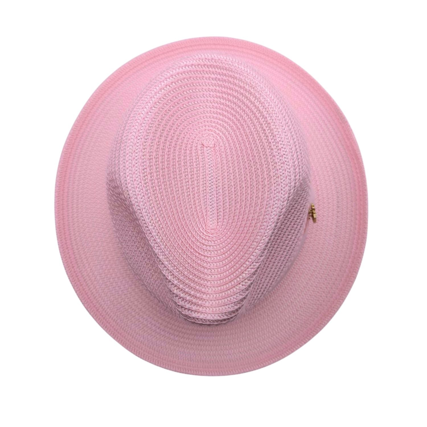 Pink Montique fedora hat top view with braided straw-style texture, pinch crown, and matching brim