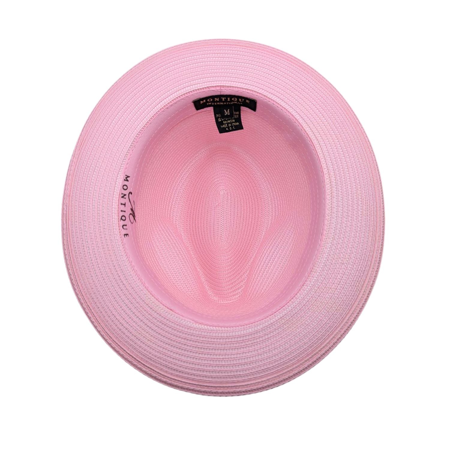 Pink Montique fedora hat interior view with braided crown, matching brim, and branded inner label