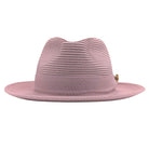 Blush Montique fedora hat front view with matching ribbon band, braided crown, and wide brim