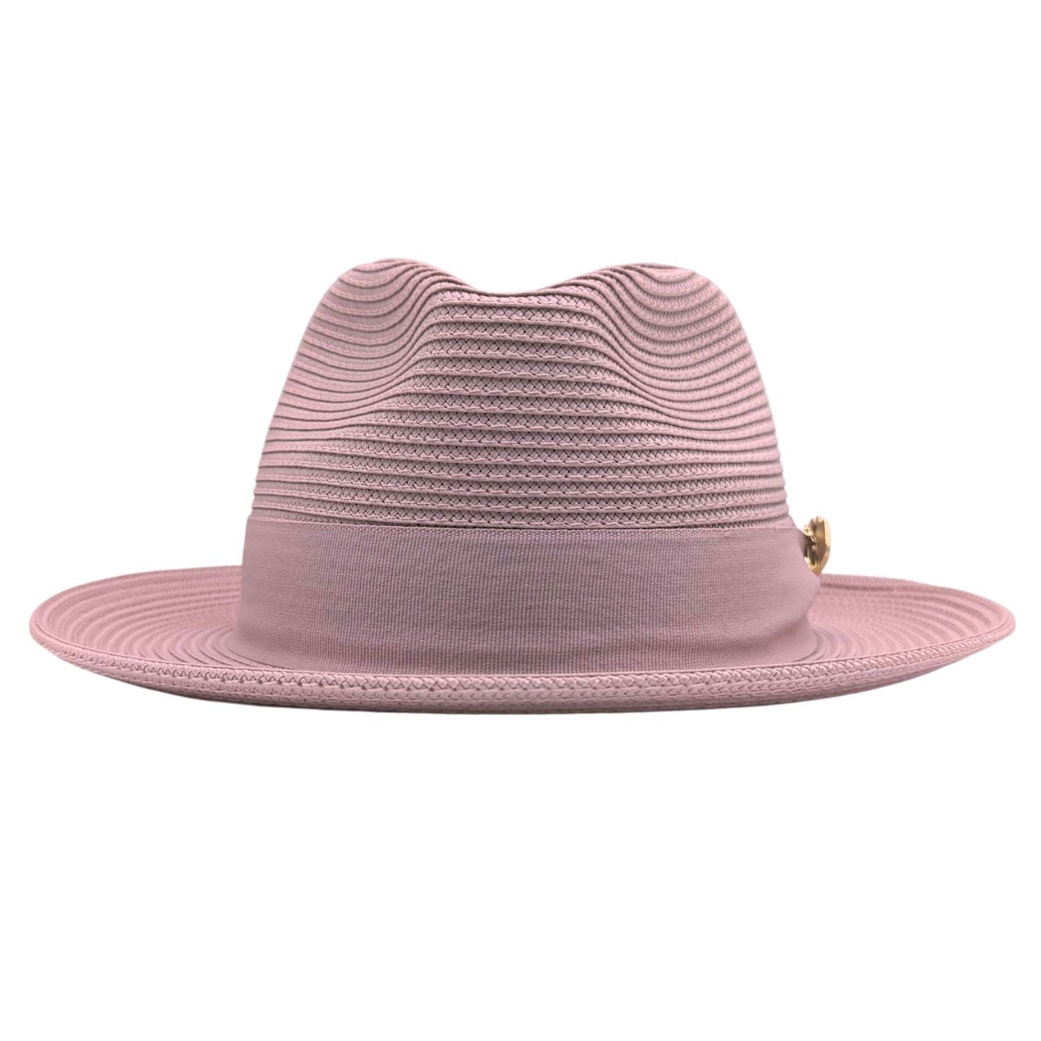 Blush Montique fedora hat front view with matching ribbon band, braided crown, and wide brim