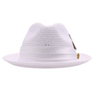 White Montique fedora hat front view with feather accent, satin ribbon band, logo pin, and open weave crown