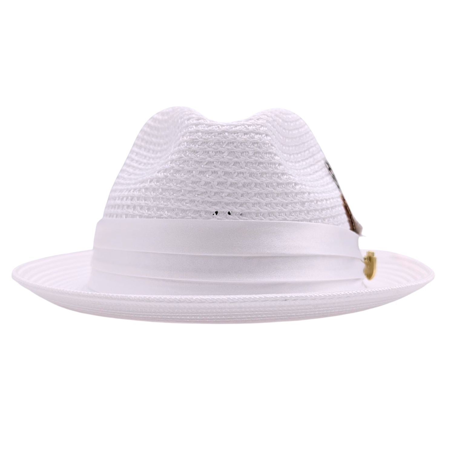 White Montique fedora hat front view with feather accent, satin ribbon band, logo pin, and open weave crown
