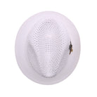 White Montique fedora hat top view with open woven crown, matching brim, and side feather detail