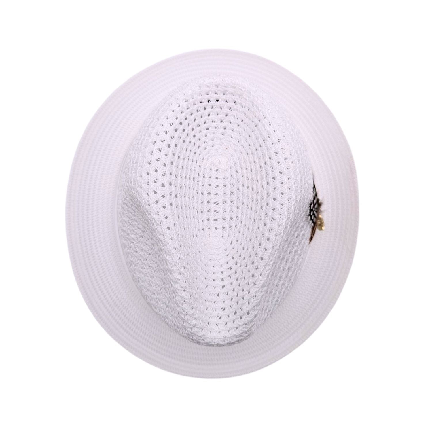 White Montique fedora hat top view with open woven crown, matching brim, and side feather detail