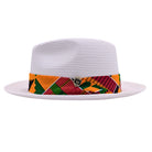 side view of white men’s fedora hat with woven crown, wide brim, and bold multicolor patterned band