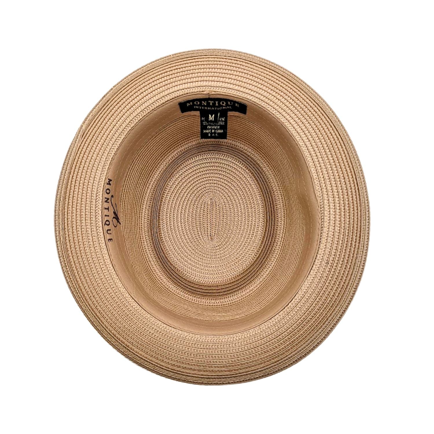 Camel Montique pork pie hat interior view with woven straw-style crown, matching sweatband, and branded size label
