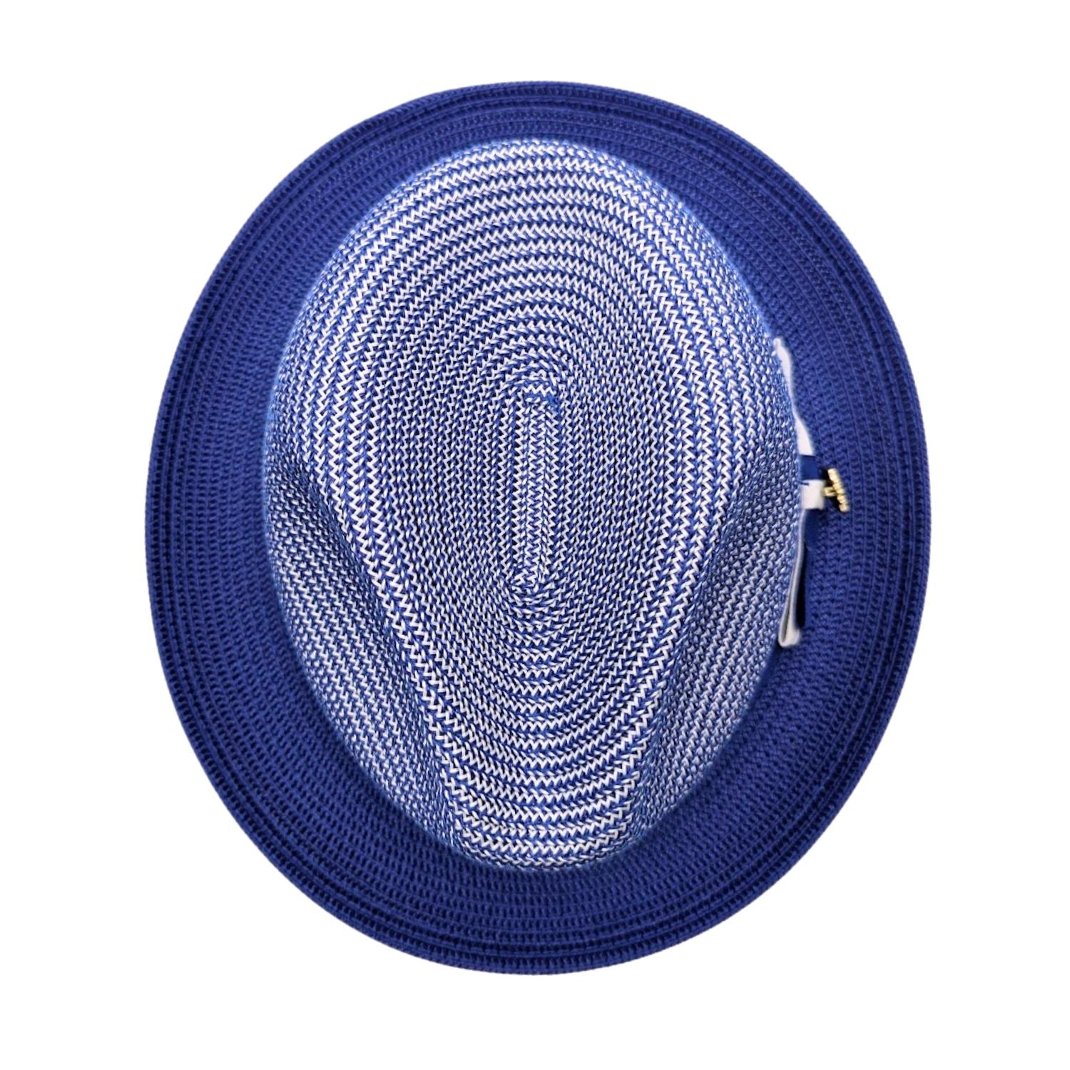 Royal blue Montique fedora hat top view with blue and white woven crown, solid blue brim, and side logo pin detail
