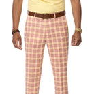 close up of pink checkered plaid pants fabric pattern