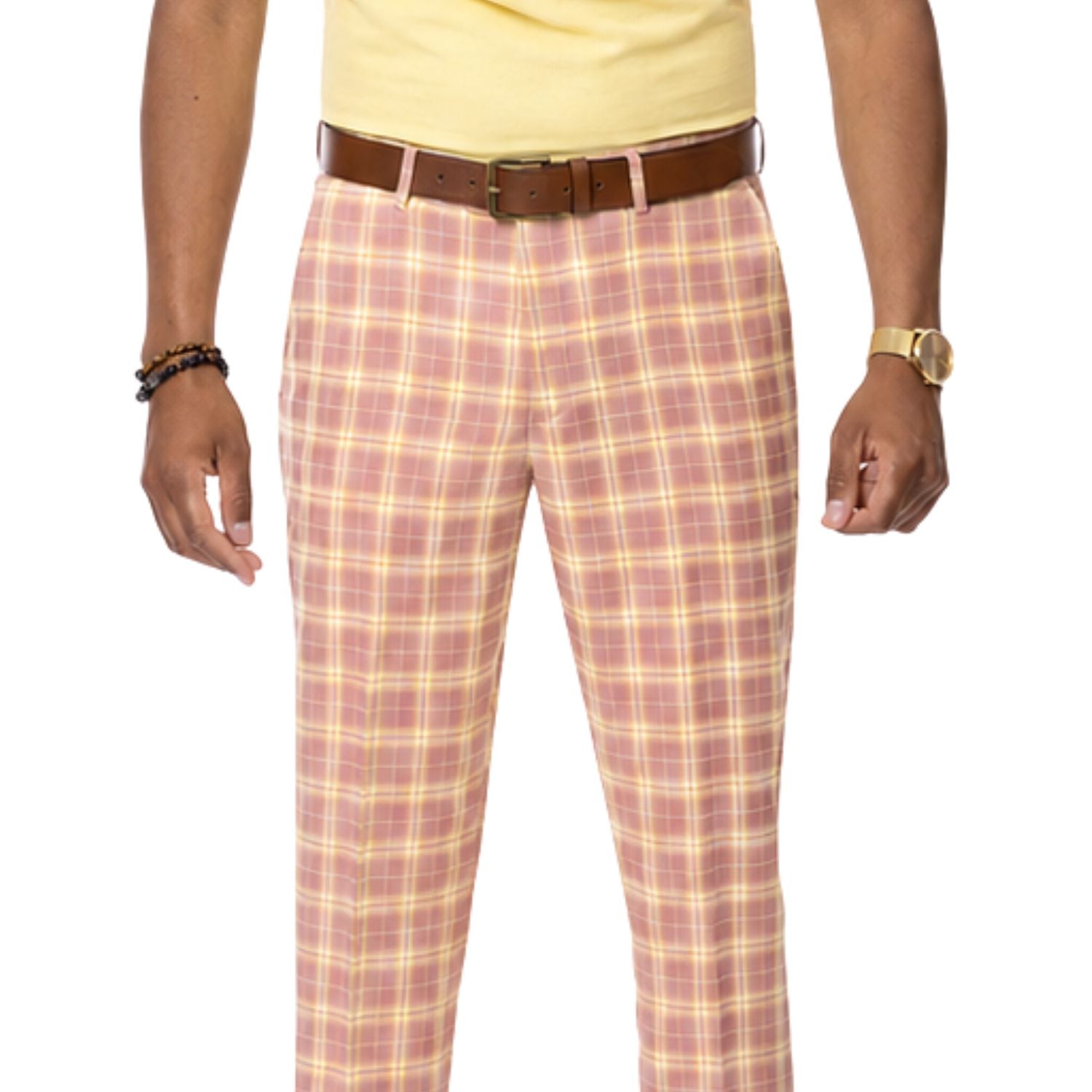 close up of pink checkered plaid pants fabric pattern