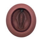 burgundy Montique fedora hat interior view with open weave crown, white sweatband, and branded label