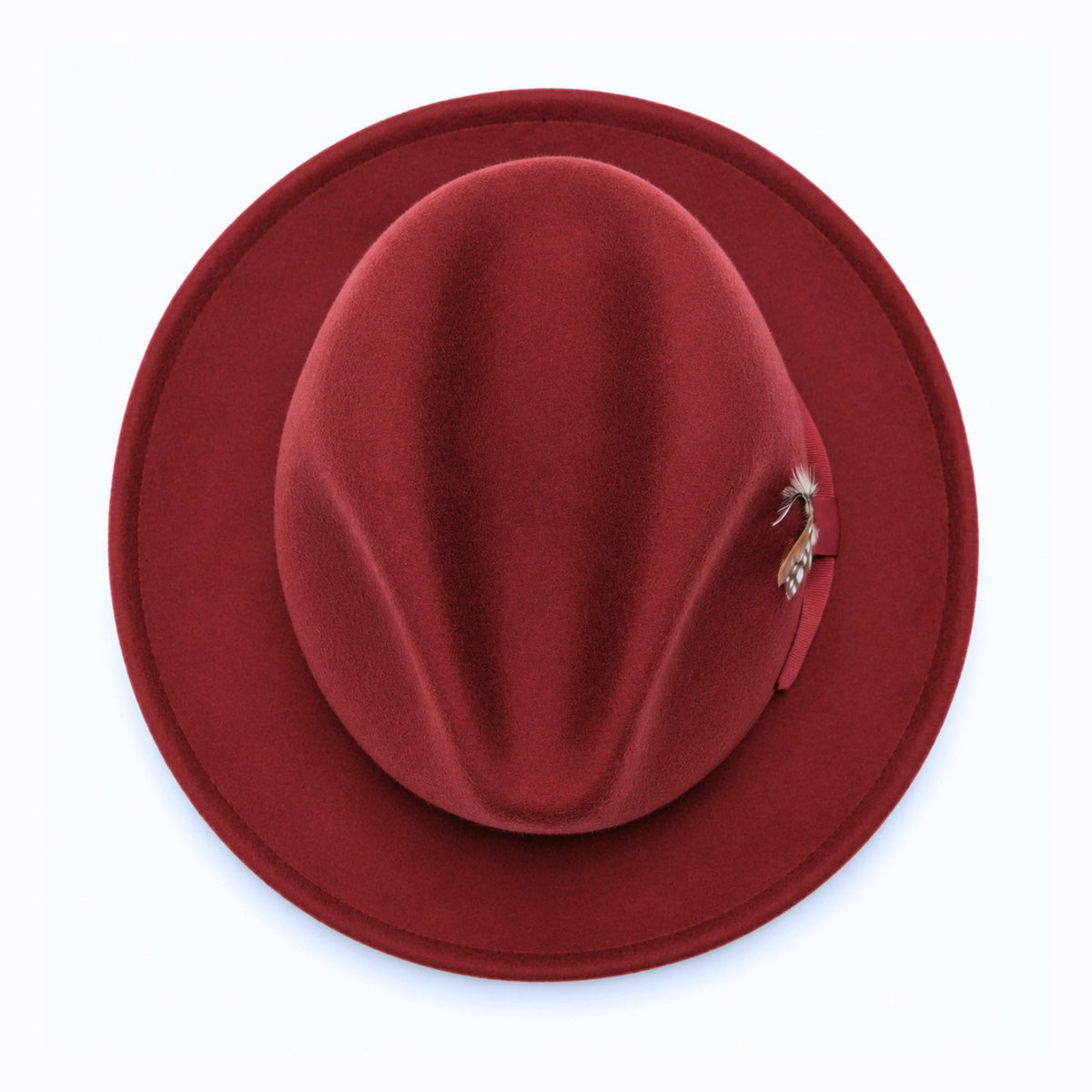 burgundy Lightfelt 2 1/2 inch wide brim wool felt pinch crown fedora hat by Montique top view with feather accent